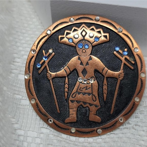 Copper Indian Fancy Dancer Pin Brooch Rhinestones - Picture 7 of 7